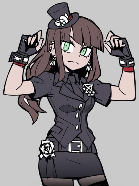 <lora:xl_Helltaker2:1>,Helltaker style,1girl, shibuya rin, solo, long hair, green eyes, gloves, hat, fingerless gloves, necktie, brown hair, mini hat, jewelry, skirt, belt, earrings, mini top hat, top hat, black gloves, masterpiece, best quality,