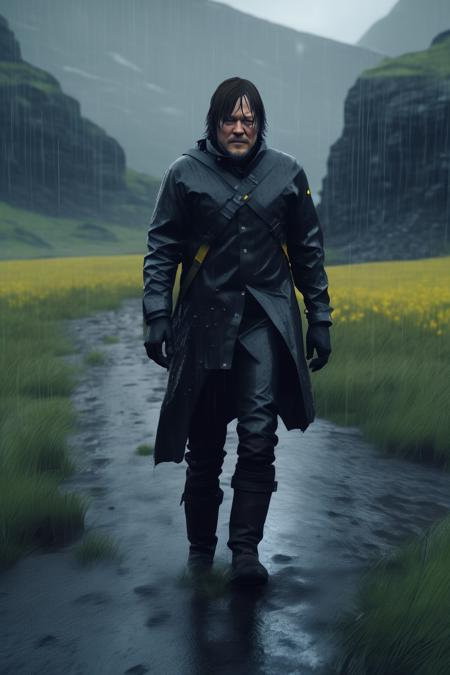 <lora:Death Stranding:1>Death Stranding - death stranding Norman Reedus walking on a rainy landscape Ayami kojima style cinematic photographic qulity