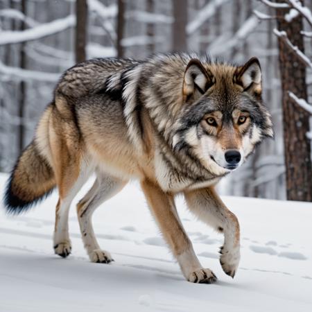Lone wolf trotting, thick winter fur, detailed snowflakes, soft breath visible in cold air, alert eyes, snow-covered forest backdrop, realistic fur texture, subtle muscle movement, natural color palette, high-definition clarity, Kodak film realism, 8K UHD precision.