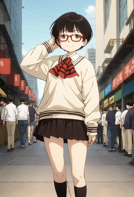 dededede-kadode, black hair, short hair, brown eyes, glasses, school uniform, ascot, yellow sweater, black skirt, black socks, brown shoes, 