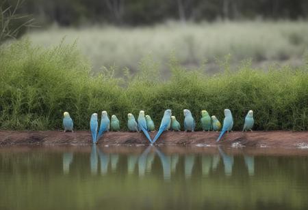 several parakeets on the edge of a lake drinking and bathing, background Australian bushes and meadows, very realistic photography