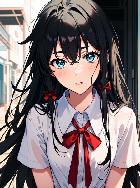 masterpiece, best quality, highres, absurdres, yukinoshita_yukino, 1girl, ahoge, black hair, aqua eyes, red ribbon, school uniform, sobu high school uniform, embarrassed, blush, upper body,  <yukino <lora:Yukino-AOM3-LoCon-000013:0.8>