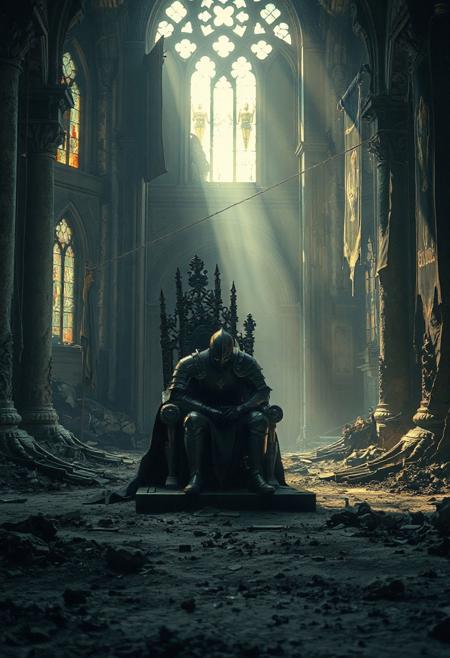 “A dark knight sits alone inside a grand, ruined throne room. The throne is ornate, black and gold, untouched and regal. The knight’s obsidian-black armor gleams like polished marble, yet he sits hunched forward, face buried in his hands, consumed by sorrow. The floor is covered in ash, remnants of destruction and regret. Broken pillars, torn banners, and scattered embers line the room. Faint light filters through cracked stained-glass windows, casting long shadows. The air is thick with dust and silence. It feels like time has stopped. Cinematic 4K, ultra-detailed, dark fantasy, melancholic, gothic architecture, chiaroscuro lighting.”