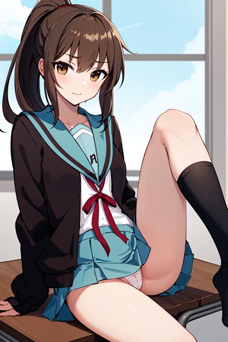 masterpiece, best quality, highres, kk1, 1girl, ponytail, blue sailor collar, long sleeves, open cardigan, serafuku, blue skirt, brown cardigan, red ribbon, long hair,  socks,  <lora:kyonko_v1:0.6>, classroom, sitting, one_leg_up, pantyshot, panties,