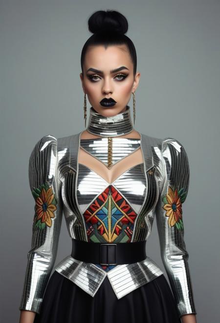 The image is a photograph of a woman seated on a rough, textured asphalt surface, likely in an urban setting. She is dressed in a striking, shiny silver metallic jacket that appears to be made of a reflective material, giving it a futuristic or avant-garde look. The jacket is open, revealing a low-cut design, hinting at a modest décolletage. This photograph features a woman standing confidently against a plain, light gray background. She has a poised, assertive stance with her hands on her hips. She is wearing an elaborate, intricately detailed dress with a high neckline and long, puffed sleeves adorned with vibrant, colorful patterns reminiscent of traditional embroidery or tapestry work. The dress features a striking, geometric design with a mix of red, green, blue, and gold hues, including floral and abstract motifs. This is a high-resolution photograph featuring a young woman with a striking, gothic-inspired look. She has a light olive skin tone and dark, straight hair styled in a high bun adorned with numerous safety pins, adding an edgy, punk aesthetic. Her eyes are accentuated with dramatic, winged eyeliner that extends beyond the outer corners, and she has a bold, dark lip color. She is wearing a black choker around her neck, adding to the gothic theme.