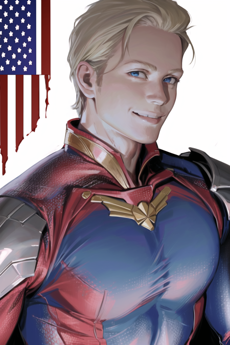 thisuserisalive,  masterpiece, best quality,homelander, 1boy, blonde hair, blue eyes, bodysuit, copyright name, flag print, large pectorals, looking at viewer, male focus, pectorals, simple background, smile, solo, superhero, upper body, white background,  <lora:thisuserisalive_offset:1>