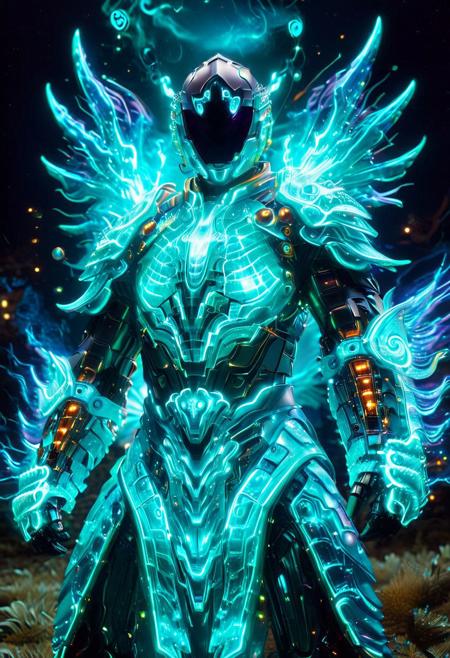 The RGB Kingdom, Masterpiece, best quality, amazing quality, absurd, latest, volumetric lighting, UHD, SFW, vibrant colors, neon, vivid colors, magical fantasy Living Armor, spirit, colored skin, teal skin, glowing teal eyes, transparent body, oversized armor, helmet, magic, adorned with swirling colors,, exquisite detail, digital art, humorous, realistic, highly detail, beautiful, surreal, dramatic, galaxy fantasy colors, glowneon, glowing, sparks, lightning