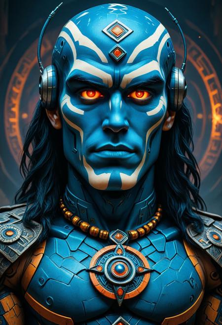 Stable_Yogis_Anatomy_Positives_V1, Stable_Yogis_Realism_Positives_V1, Stable_Yogis_General_Positives_V1, realistic, realism, a cinematic photo of a shaman CivBot robot, adrr-shmn, tattoo, colored skin, jewelry, facepaint. clear focus, high resolution image, cinematic lighting, dramatic shadows, masterpiece, best quality, very aesthetic, 4k, highly detailed, sharp focus, dynamic lighting, flux-style,