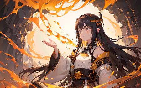 (best quality, masterpiece), (1girl, solo,brown robe, expression face, looking away, sitting, wide sleeves, black eyes, closed mouth, long hair, upper body), (night sky at cave entrance , light rising from the bottom, inside Cave, floating glowing bunch of yellow particles, burning fire at hand, floating many small fires),