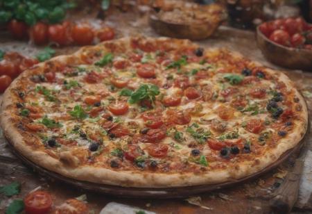 RAW photo, (pizza), home made pizza, fresh nasilic, fresh tomatoes, food photo, DSLR, very colorful, high quality, film grain, very detailed, intricate details, Fujifilm XT