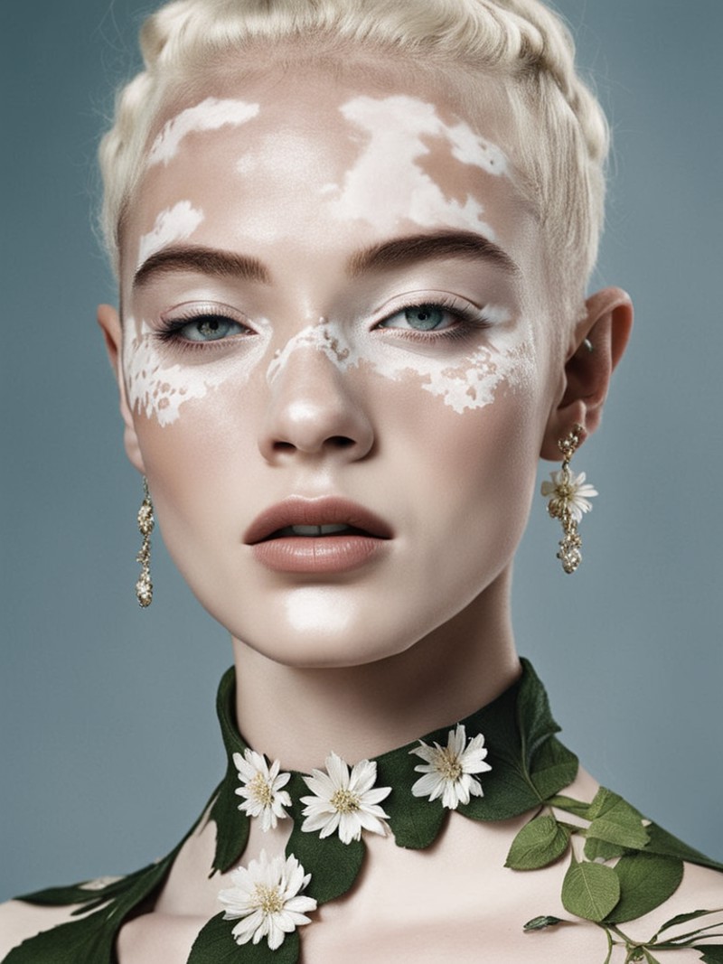 harper's bazaar fashion editorial style of a white elf with vitiligo , pale skin,  floral organic dreamy,  <lora:Vitiligo:...