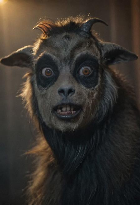 Flashlight Photo By Night, humanlike Standing freaky creepy sad goat with Large black eyes,
 deep Blacks, very detailed, atmospheric haze, Film grain, cinematic film still, shallow depth of field, highly detailed, high budget, cinemascope, moody, epic, OverallDetail, 2000s vintage RAW photo, photorealistic, candid camera, color graded cinematic, eye catchlights, atmospheric lighting, imperfections, natural, shallow dof