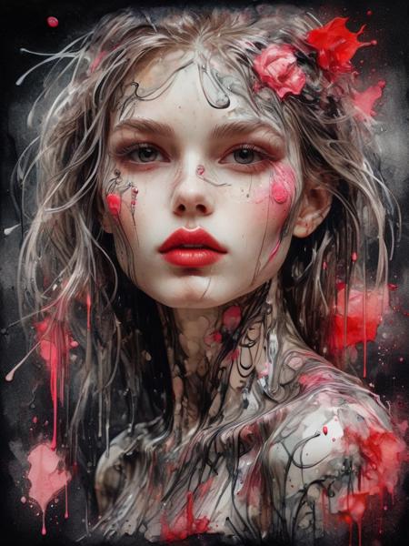 8k, RGB, HDR, oil paints, watercolors, bright saturated colors, Anna Razumovskaya, Jarek Kubicki, Aleksi Brilo, Darek Zabrotsky, Sakimichan, Loisch, Aminola Rezai, photo RAW, black, dark red, close-up, Portrait of Heloise, Mixed media collage. text with the inscription "Eloise", beautiful face. Calligraphy, gouache wash, pen sketch, thin lines, vintage illustration style. Black, white, coral pink, red, blonde hair, beautiful patterns  <lora:ral-blacklight-sdxl:1> ral-blacklight