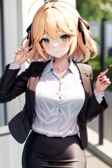 masterpiece, best quality, highres, 1girl anisphia ahoge hair ribbon <lora:anisphia_no_outfit:1> white shirt, black jacket, pencil skirt, suit