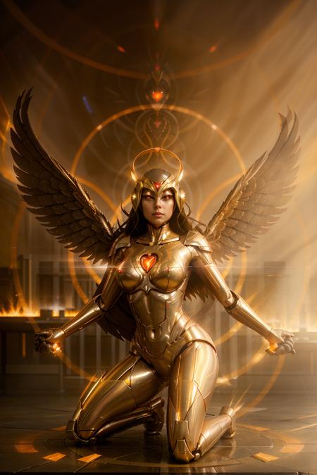 1girl, solo, breasts, looking at viewer, medium breasts, full body, heart, wings, sky, shiny, cape, armor, kneeling, bodysuit, mask, glowing, helmet, outstretched arms, fire, robot, mecha, glowing eyes, skin tight, claws, science fiction, magic circle, one knee, alien, pentagram