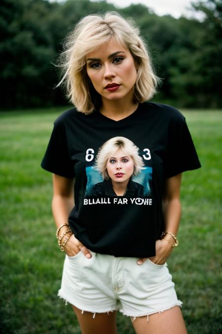 Realistic full body portrait of a beautiful d3bb13h-v1 woman,1girl, solo, short hair, blonde hair, shirt, jewelry, upper body, parted lips, teeth, bracelet, lips, black shirt, makeup, ring, t-shirt, clothes writing, realistic, soft lighting, professional Photography, Photorealistic, detailed, RAW, analog, sharp focus, 8k, HD, DSLR, high quality, Fujifilm XT3, film grain, award winning, masterpiece<lora:d3bb13h-v1:1.0>