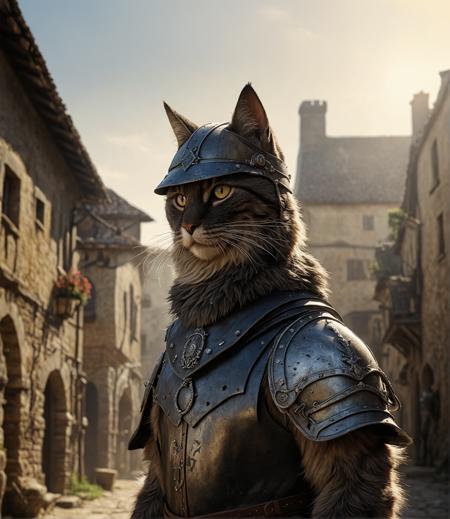 a medieval warrior cat, wearing helmet, realistic, 8k, masterpiece, ultra-detailed, hard shadows, film grain