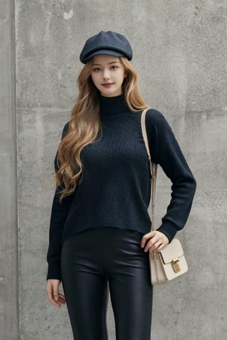 1girl, realistic, ((Masterpiece, best quality,edgQuality)), smug,smirk, edgADC_fashion, long hair, blonde hair, hat, standing, upper body, boots, pants, bag, sweater, handbag, realistic, leggings, fashion ,wearing edgADC, <lbm=FACES>