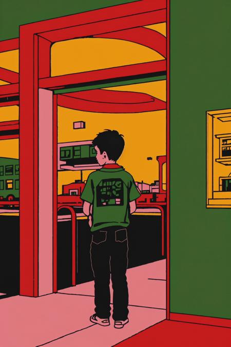 a small green building with a neon sign , multiple boys, indoors, 2boys, scenery, train station,( wake_up )