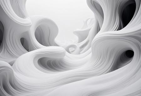 (masterpiece, surreal, minimalist:1.3), a mesmerizing exploration of a surreal dreamscape enveloped in a serene white palette. Imagine a vast expanse of pristine black, where ethereal whispers of imagination dance in the void, creating a sense of infinite space and boundless possibility. Shapes emerge and dissolve in the black abyss, hinting at hidden meanings and elusive truths that tantalize the mind. Soft wisps of white mist curl and twist, forming intricate patterns that seem to shift and transform with each passing moment, evoking a sense of fluidity and transience. Within this surreal white realm, shadows play and light dances, casting subtle gradients and delicate contrasts that add depth and dimension to the otherwise pristine landscape. The absence of color heightens the sense of otherworldliness, inviting viewers to lose themselves in the purity and tranquility of this surreal dreamscape. This artwork beckons observers to immerse themselves in a world where reality blurs with fantasy, and the whispers of the unknown echo in the vast expanse of surreal white.
