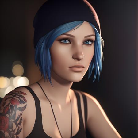 Chloe Price blue hair, blue eyes, arm tattoo, short hair, jewelry, necklace, pendant, nail polish, blue nails