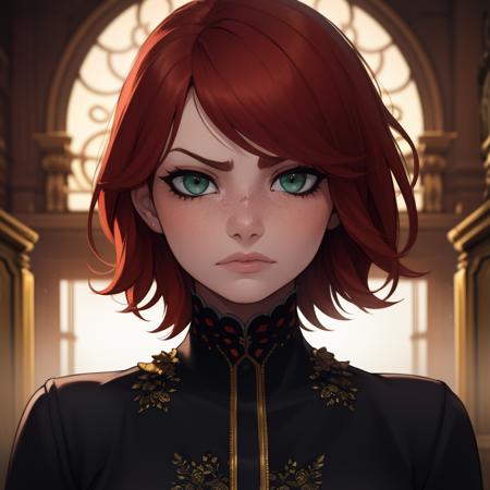 Best_QualityPos, RAW photo, intricate details, best quality, 8k uhd, soft lighting, 1girl, solo, green eyes, red hair, short hair, freckles, sad expressions <lora:Emma_Stone:0.6>