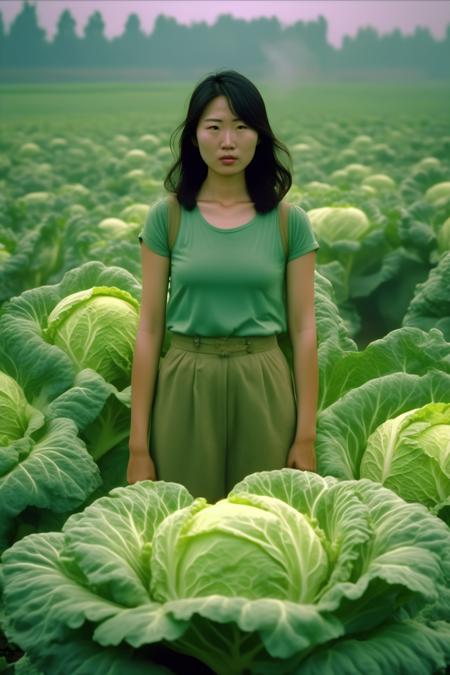 <lora:Director Bong Joon-ho style:1>Director Bong Joon-ho style - Photo of full body North Korean Girl, a farmer who has worked at the  vegetable farm on the outskirts of Pyongyang for 15 years, poses for a portrait between spraying fertilizer on cabbage crops which will be harvested and used to make Kimchi in Pyongyang, North Korea decoration and photo in wes  and colour, shoot in 4k, detail skin and texture, captureda vintage Hasselblad 500C M, 80mm lens, with settings poised at f 2.8, 1 60s, and ISO 100, cinematic, filmscreencap, distortion, wide angle, gopro, gopro shot, wide shot, stabilishing shot, wide angle