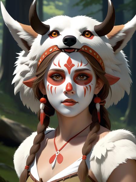 <lora:06NatureArt_Hap_XL:3.9>, Albert Bierstadt style, Vibrant and dynamic illustrations and vectors, artstation trending, 4k resolution, Masterpiece,highly detailed,  <lora:add-detail-xl:0.0001> ,<lora:hand 4:0.0001>,  1girl, San(/Princess Mononoke)/,(ultra HD quality details), pale skin, brown hair, facepaint, brown eyes, short hair, mask on head,