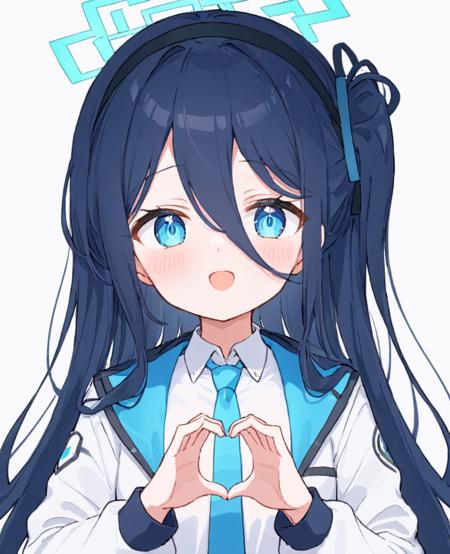 breathtaking,aris \(blue archive\), 1girl, heart hands, solo, halo, looking at viewer, simple background, jacket, blush, open mouth, blue necktie, white shirt, one side up, upper body, collared shirt, white background, long sleeves, black hairband, school uniform, :d <lora:Arisu_v2:1>   long hair,   . gorgeous,key visual, vibrant, studio anime,award-winning, professional, highly detailed,high budget, cinemascope