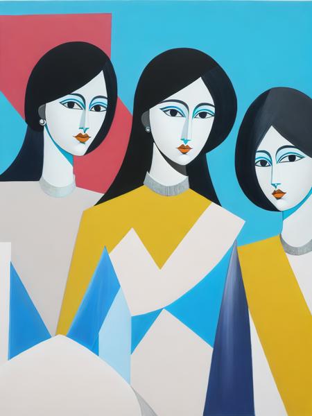 <lora:GeorgeCondo:1>a painting of three women standing next to each other in front of a blue background by George Condo