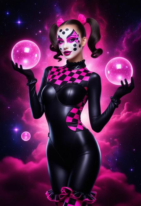 masterpiece, score_9, score_8_up, stunning cosmic harlequin, tight-fitting black bodysuit with swirling hot pink accents, playful expression, glowing neon face paint, twin ponytails, long gloves, delicate ruffled collar, juggling glowing orbs of cosmic energy, lively dynamic pose, surreal fantasy aesthetic  
BREAK  
abstract surrealist dreamscape, deep space carnival, neon pink stars twinkling in dark void, distorted checkerboard patterns stretching infinitely, painterly and cinematic, highly detailed