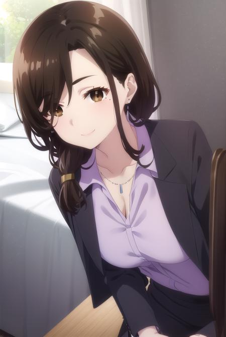 airigotou, <lora:airi gotou s1-lora-nochekaiser:1>,
airi gotou, long hair, brown hair, (brown eyes:1.5), braid, mole, mole under eye, hair over shoulder, mature female, smile,
BREAK skirt, shirt, jewelry, jacket, pantyhose, black skirt, necklace, black footwear, high heels, bracelet, black jacket, side slit, pencil skirt, purple shirt, office lady,
BREAK indoors, office,
BREAK looking at viewer, (cowboy shot:1.5),
BREAK <lyco:GoodHands-beta2:1>, (masterpiece:1.2), best quality, high resolution, unity 8k wallpaper, (illustration:0.8), (beautiful detailed eyes:1.6), extremely detailed face, perfect lighting, extremely detailed CG, (perfect hands, perfect anatomy),