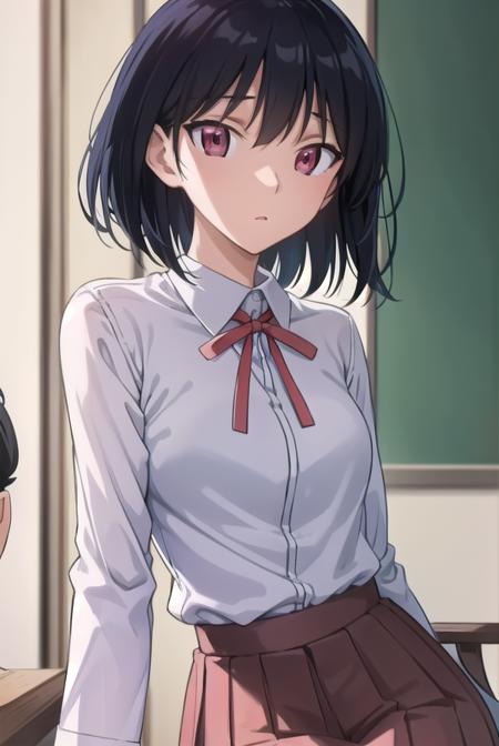 yakumotsukamoto, <lora:yakumo tsukamoto s2-lora-nochekaiser:1>,
yakumo tsukamoto, short hair, black hair, (red eyes:1.3),
BREAK skirt, shirt, long sleeves, bow, ribbon, school uniform, white shirt, pleated skirt, collared shirt, bowtie, red ribbon, neck ribbon, red skirt,
BREAK indoors, classroom,
BREAK looking at viewer, (cowboy shot:1.5),
BREAK <lyco:GoodHands-beta2:1>, (masterpiece:1.2), best quality, high resolution, unity 8k wallpaper, (illustration:0.8), (beautiful detailed eyes:1.6), extremely detailed face, perfect lighting, extremely detailed CG, (perfect hands, perfect anatomy),