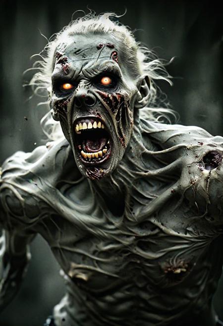 abstract portrait,, high contrast, stylized, , Solo focus, high contrast, masterpiece, intricate details, award winning portrait of a zombie banshee screaming, horror, zombies army in backgound, hkstyle