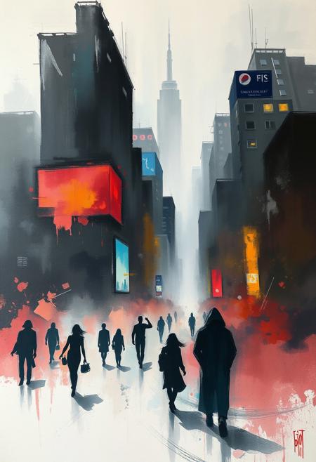 A dynamic cityscape painting, strong moody style, gentle soft light, buildings and figures melting, vivid emotional color washes, misty silhouettes, expressive gestural abstraction, fluid elongated brushstrokes, soft eroded textures, surreal movement, atmospheric depth, low contrast, diffused shadows, subtle illumination, blurred lines, action poses.