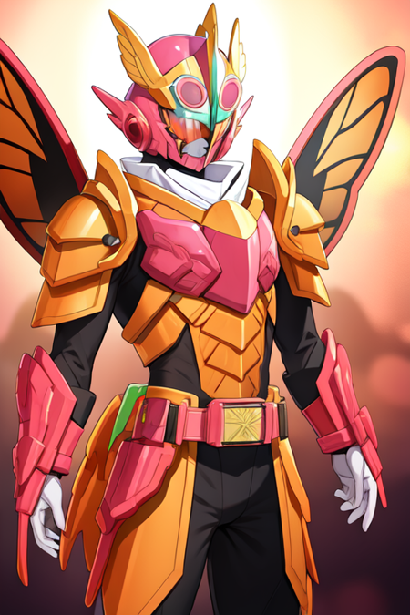 bird, butterfly, wings, orange armor, pink armor, helmet, tokusatsu, belt, solo