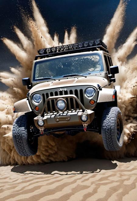 hyperrealistic art (a jeep with hunters:1.1), shots, the sand explodes
 <lora:cxp:1.0> cxp style . extremely high-resolution details, photographic, realism pushed to extreme, fine texture, incredibly lifelike
