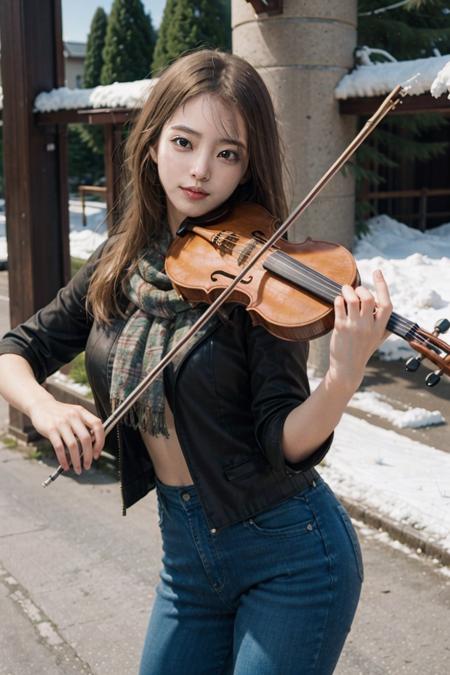 1girl, playing violin, violin, bow \(music\), snow, stand on the street, leather jacket, winter, scarf, snowing,   golden hair, indoor,
best quality, 8k, masterpiece,
<lora:violin_v11-000008:0.67>