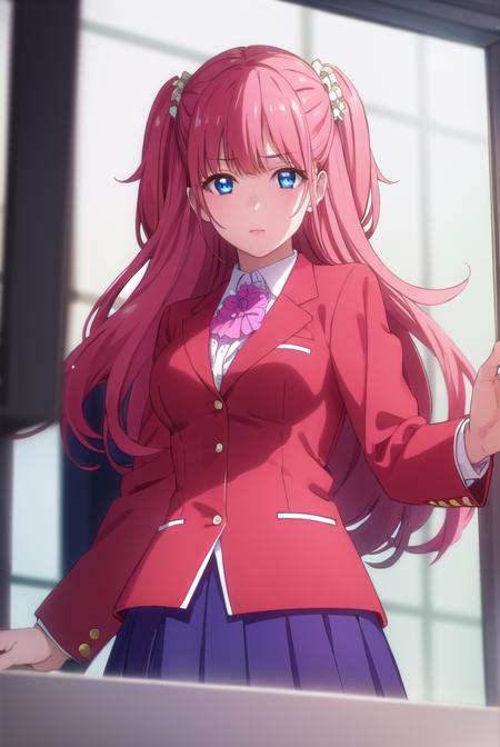 yumemiyumemite, <lora:yumemi yumemite s2-lora-nochekaiser:1>,
yumemi yumemite, long hair, blue eyes, very long hair, pink hair, two side up,
BREAK skirt, shirt, school uniform, jacket, white shirt, pleated skirt, collared shirt, black skirt, blazer, (red jacket:1.5),
BREAK indoors, classroom,
BREAK looking at viewer, (cowboy shot:1.5),
BREAK <lyco:GoodHands-beta2:1>, (masterpiece:1.2), best quality, high resolution, unity 8k wallpaper, (illustration:0.8), (beautiful detailed eyes:1.6), extremely detailed face, perfect lighting, extremely detailed CG, (perfect hands, perfect anatomy),