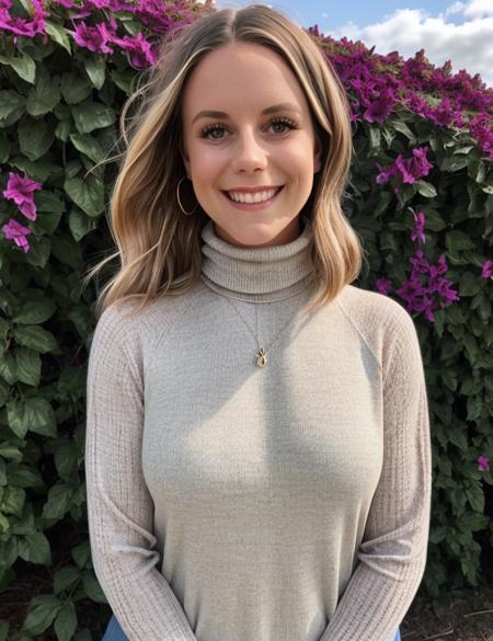 grace , upper body, smile, outdoor, Spectacular light, bloom, Intricate details, turtleneck