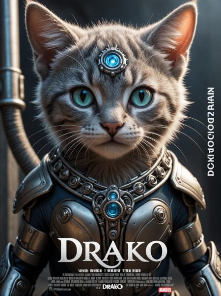 (movie poster with title and text graphics:1.3) (under the title banner text logo "D\R\A\K\O":1.5), a cute kitten made out of metal, (cyborg:1.1), ([tail | detailed wire]:1.3), (intricate details), hdr, (intricate details, hyperdetailed:1.2), cinematic shot, vignette, centered,