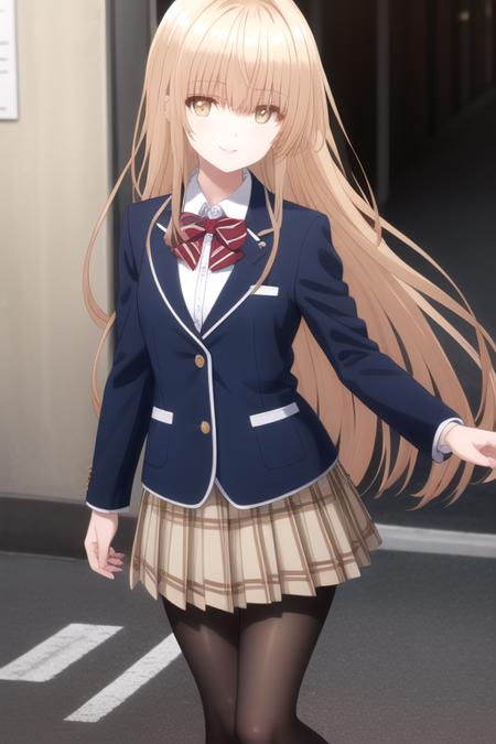 very long hair,blonde hair,straight hair,sidelocks,hair between eyes,blunt bangs,yellow eyes school uniform,blue jacket,blazer,collared shirt,white shirt,dress shirt,red bowtie,striped bow,long sleeves,buttons,medium breasts,skindentation,brown skirt,plaid skirt,pleated skirt,black pantyhose,loafers,black footwear