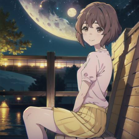 masterpiece,best quality,bright colors,space,starry sky,star( sky),cinematic lighting, extremely detailed CG unity 8k wallpaper,solo,smile, sky, cloudy_sky, building, moonlight, moon, night, (dark theme:1.3), light, fantasy,Nishimiya,1girl,blush,sitting,short hair,brown hair,detailed hair,brown eyes,pink shirt,yellow skirt,lookind at viewer,close up,   <lora:ShoukoNishimiya :0.7>