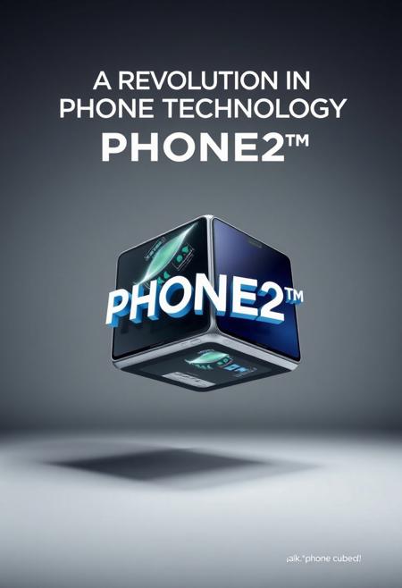 Advertising, grey background, soft uniform industrial lighting, a fancy photographic advert showing a cube-shaped futuristic mobile phone with each cube face having a different screen rotating in air, the edges of the image slightly out of focus, centered composition, symmetrical, glossy, at the top of the ad the words "A REVOLUTION IN PHONE TECHNOLOGY"  written in a bold White font, then there is the word ("PHONE²™") that warps itself across two faces of the cube-shaped phone in a digitized 3d futuristic font that pops out of the poster, with circuits coming out of it
At the very bottom in very small font is written (a.k.a "phone cubed")