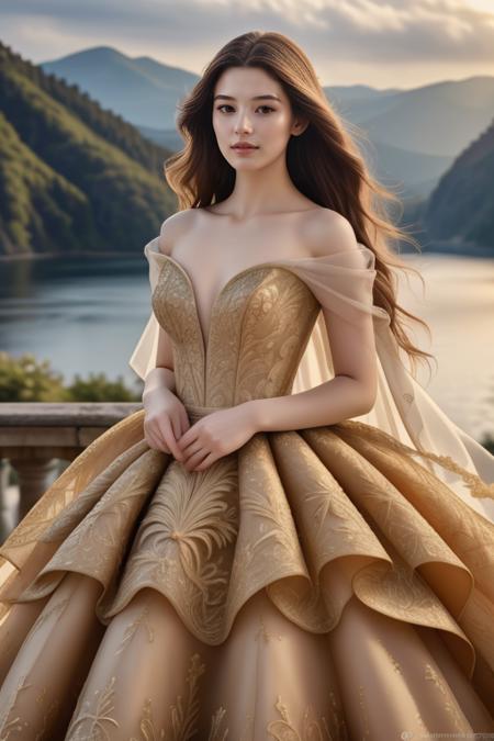 1 woman, 22yo, (realistic, masterpiece, high detailed skin:1.2) (looking at viewer, full body shot, scenic view, long hair:1.2)
<lora:Golden_Wedding_Gown_By_Stable_yogi:1> golden wedding gown