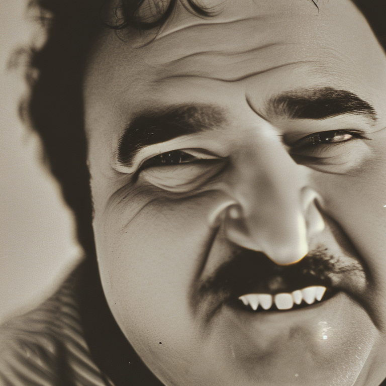 A close up glamour photograph of (John Belushi)  smiling for the camera studio lighting gradient background clear face pal...
