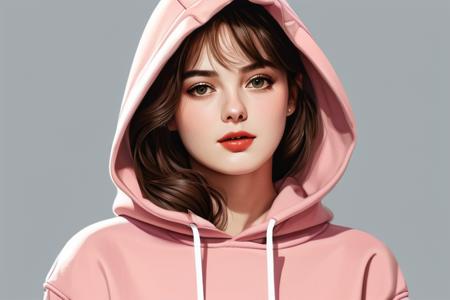 {{{{retro artstyle}}}}, {{masterpiece)),best quality,illustration,1 girl,mature female,small breast,beautiful detailed eyes,long sleeves, hoodie,frills, no shadow, simple background, bright skin, 1980s (style)
