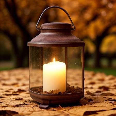 Glass lantern in clear autumn leaf color