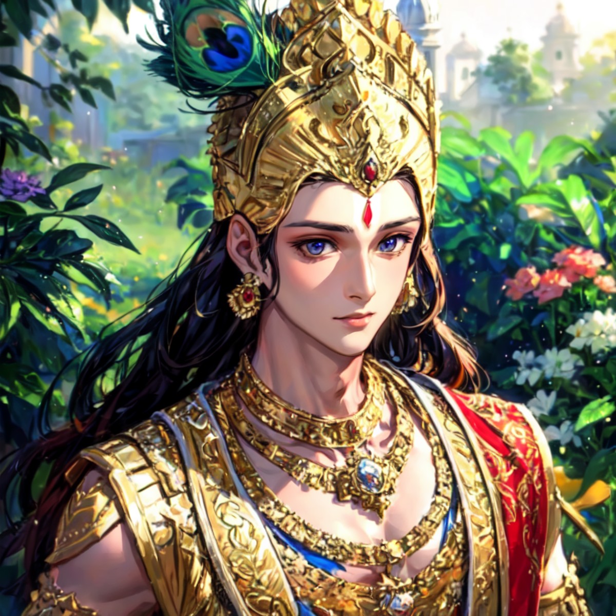 1boy, <lora:SRJ:0.5> srj as krishna, charismatic face, garden background, golden warrior costume, golden head crown with p...