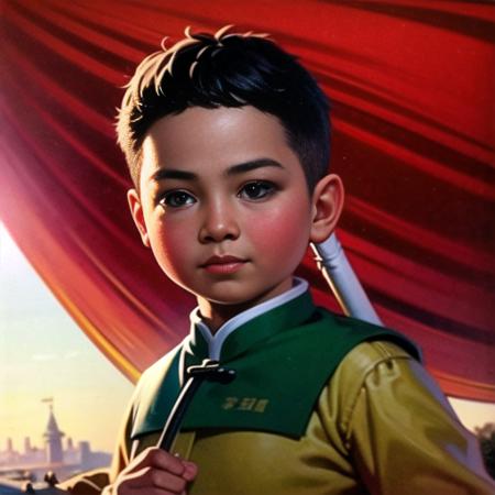 (best quality, masterpiece:1.2), photorealistic, ultra high res, front lighting, intricate detail, Exquisite details and textures, a boy,A Chinese boy with a sickle stands on an embankment with a red flag behind him
 <lora:hongse:0.9>